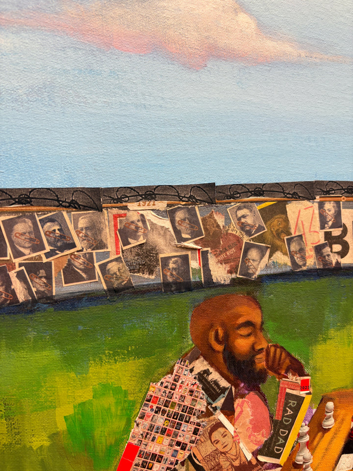 two men playing chess game outdoor court yard prison collage with magazine paper 