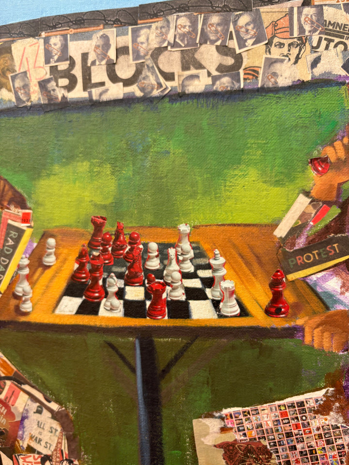 two men playing chess game outdoor court yard prison collage with magazine paper 