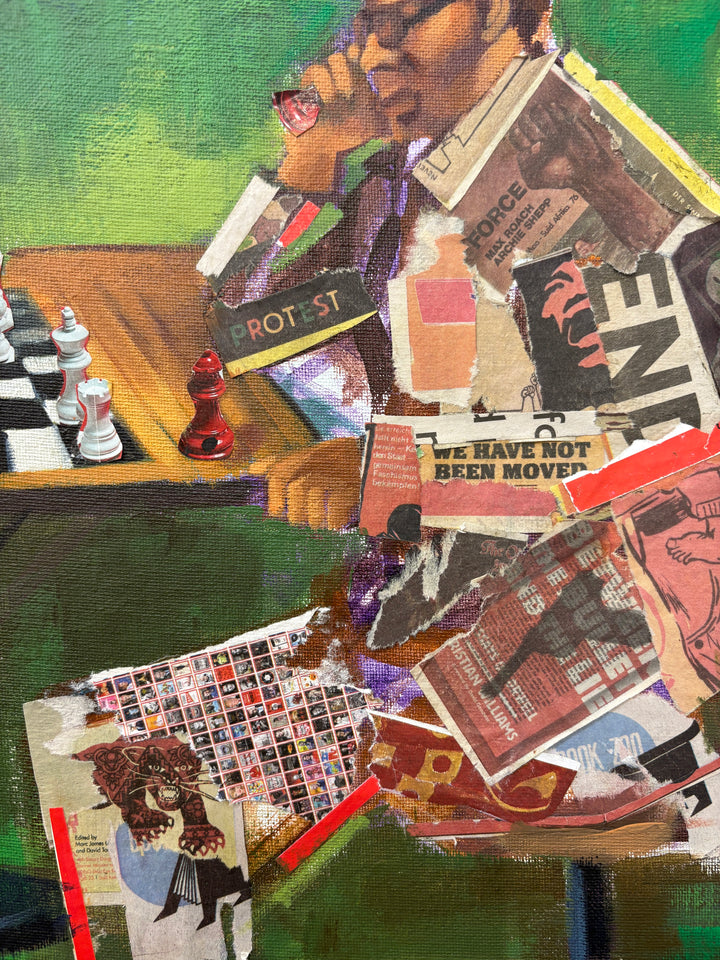 two men playing chess game outdoor court yard prison collage with magazine paper 