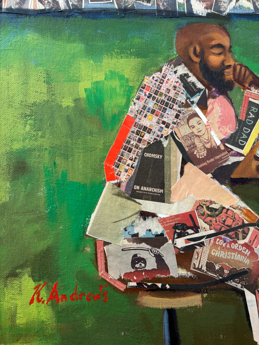 two men playing chess game outdoor court yard prison collage with magazine paper 