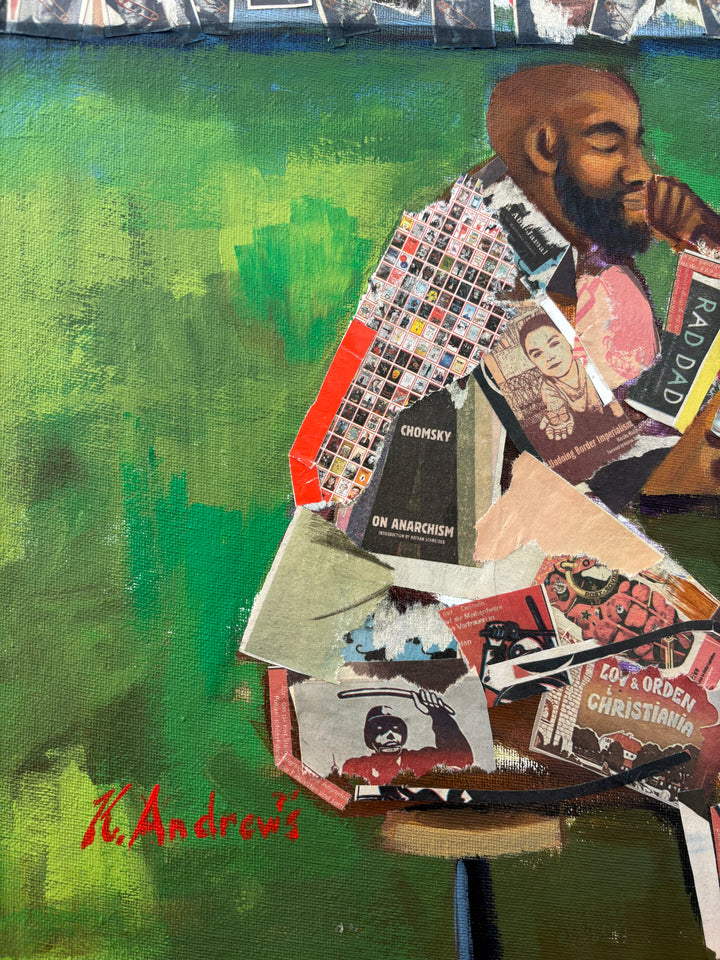 two men playing chess game outdoor court yard prison collage with magazine paper 