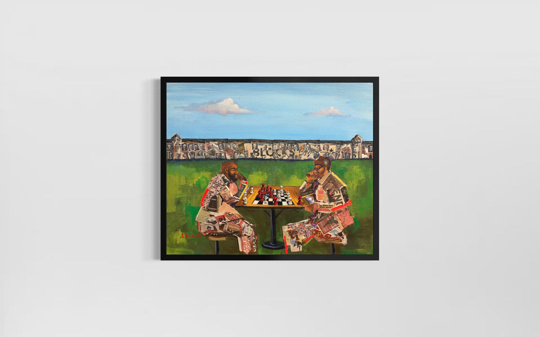 two men playing chess game outdoor court yard prison collage with magazine paper 