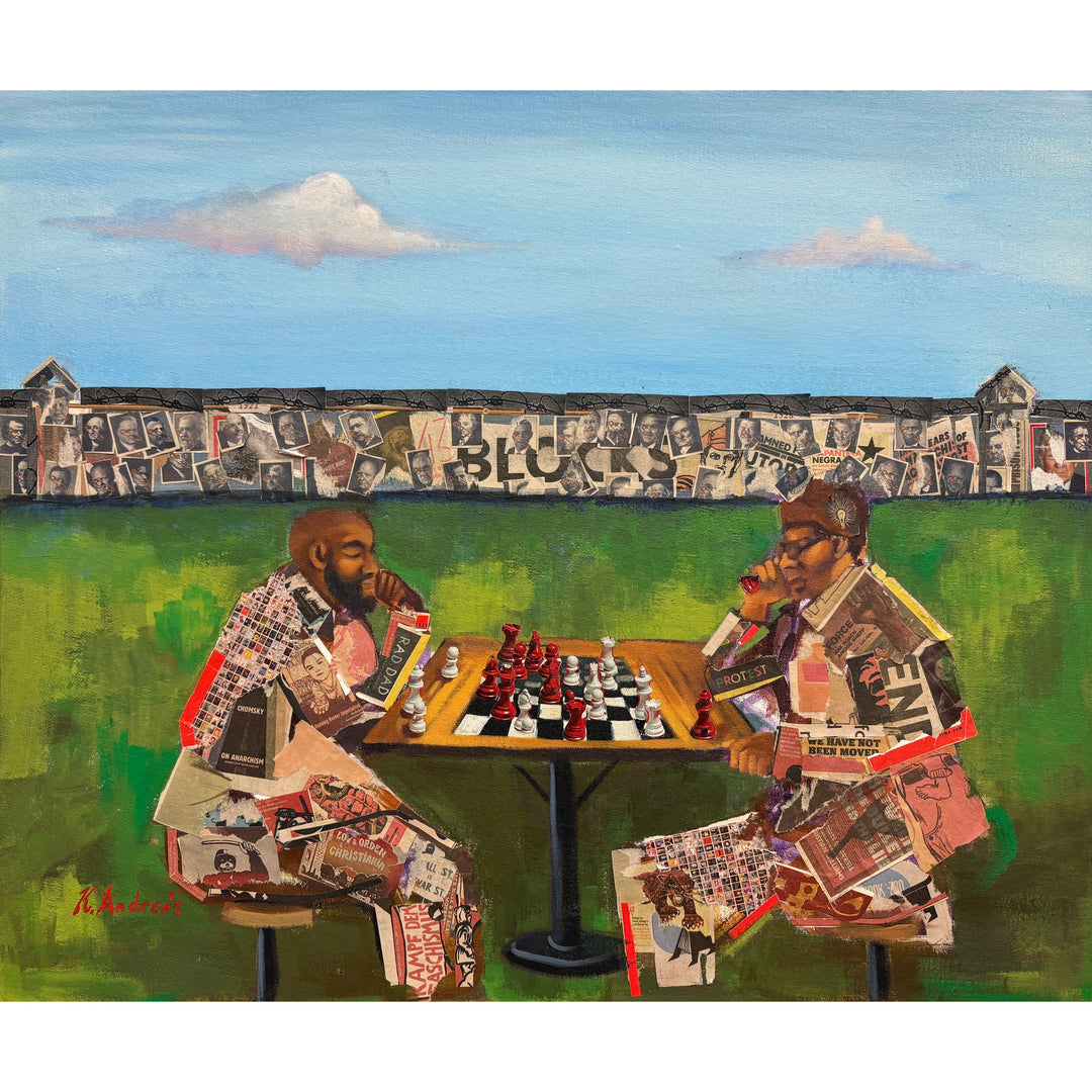 two men playing chess game outdoor court yard prison collage with magazine paper 