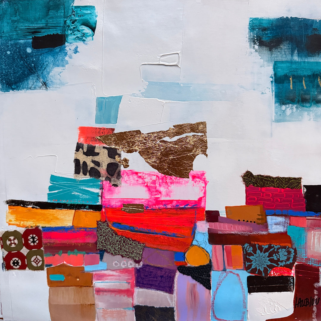 Lau Blou, Mémoires d’Alger, acrylic paint, fabric, and gold leaf on canvas, 14 x 14 inches. Abstract composition of stacked blocks in pink, red, orange, blue, and purple with tile-patterned fabric pieces and a copper leaf shape, set against a white background with teal patches in the upper corners.