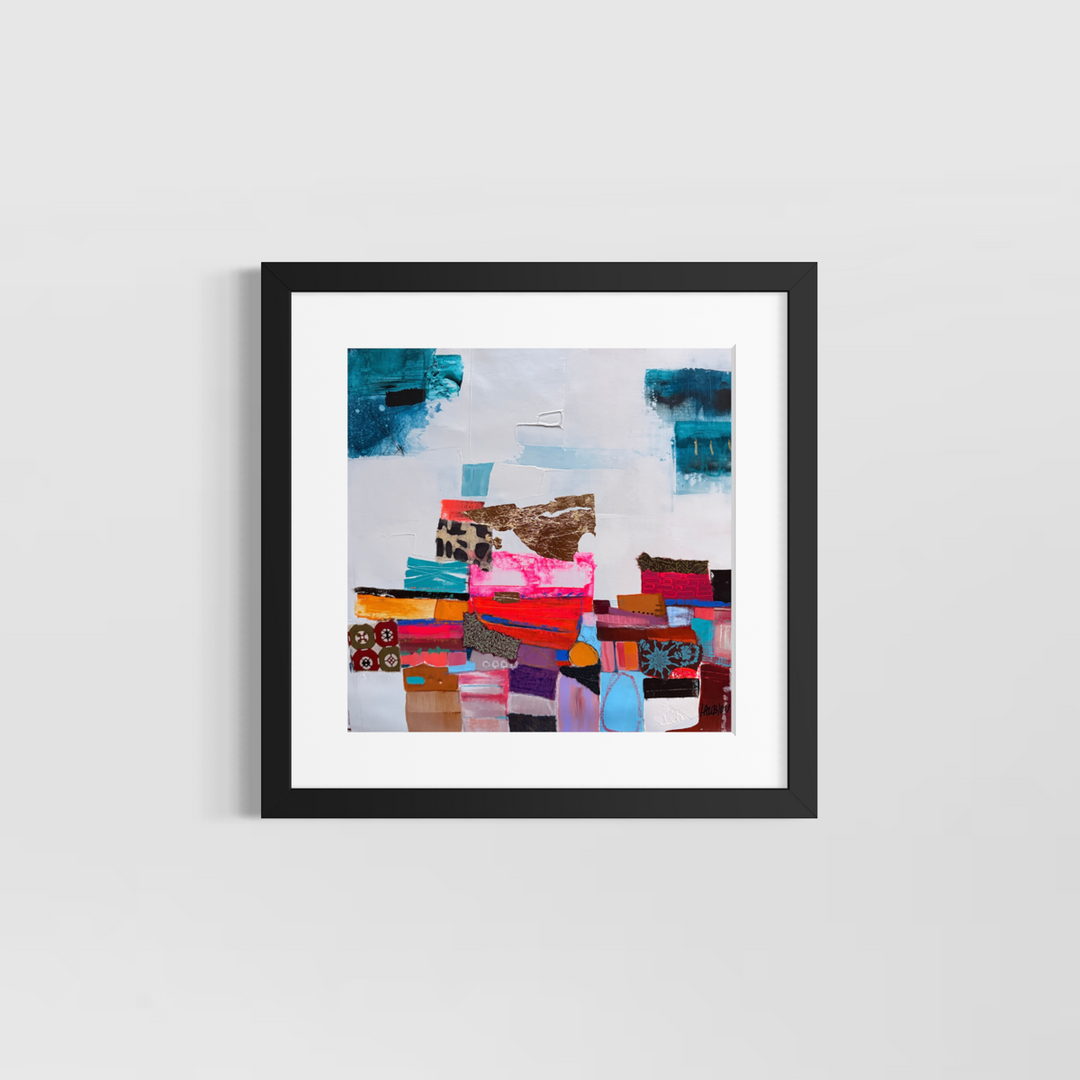Lau Blou, Mémoires d’Alger, acrylic paint, fabric, and gold leaf on canvas, 14 x 14 inches, shown in a white 17 x 17 inch mat and black frame on a light grey wall. Abstract painting of colorful stacked blocks and teal accents on white.