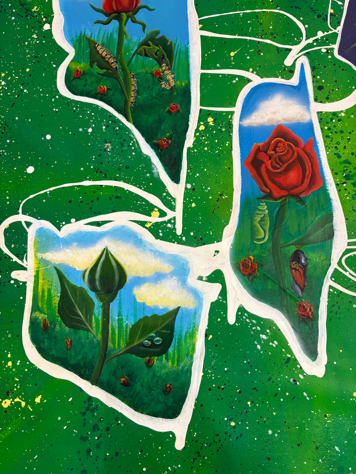 abstract organic shape paint splatter rose flower caterpillar butterfly metamorphosis in green and red