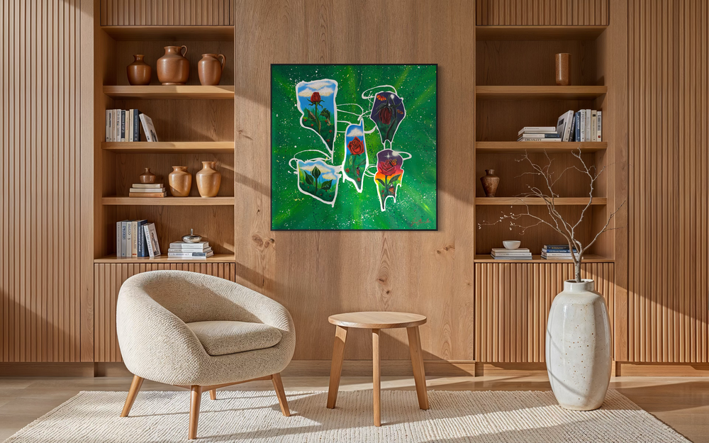 abstract organic shape paint splatter rose flower caterpillar butterfly metamorphosis in green and red