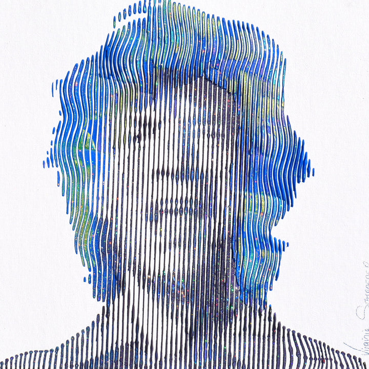 Mick Jagger front portrait figurative painting vertical lines in blue and green