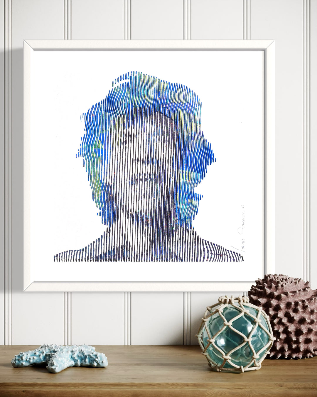Mick Jagger front portrait figurative painting vertical lines in blue and green