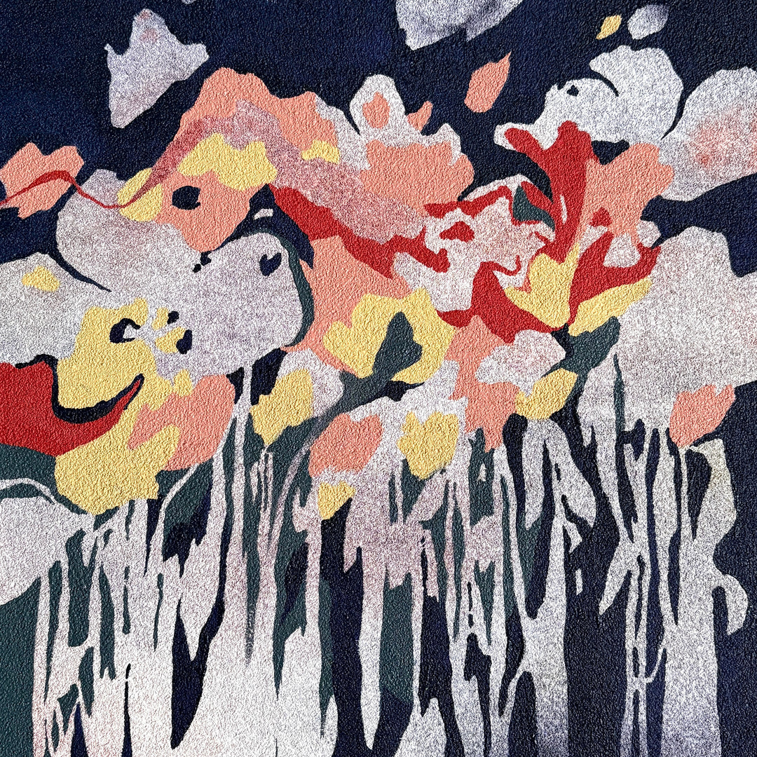 Abstract organic pumice painting in oil paint by local female artist floral landscape natural shapes textures abstracted negative space line weight gradient of color blues greens and red yellow petal shapes