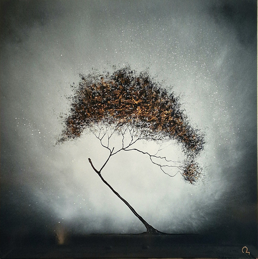 Julien Rey, Mistral, lacquer and gold leaf on board, 40 x 40 inches. A single leaning tree with a dense, wind-swept cluster of black and gold branches at the top and a thin curved trunk stands against a hazy grey background with a dark horizontal ground line at the bottom.