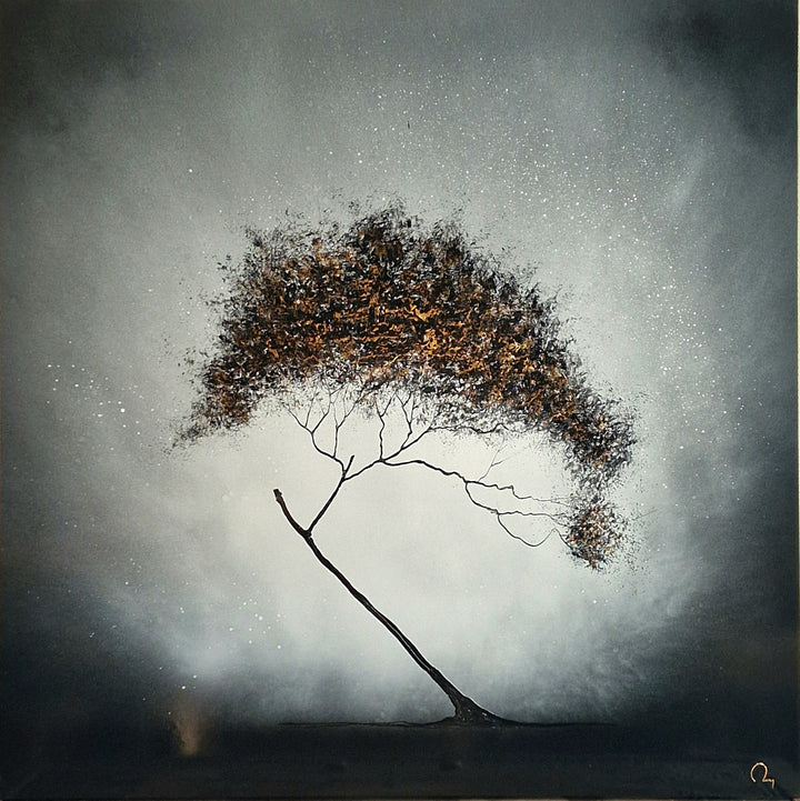Julien Rey, Mistral, lacquer and gold leaf on board, 40 x 40 inches. A single leaning tree with a dense, wind-swept cluster of black and gold branches at the top and a thin curved trunk stands against a hazy grey background with a dark horizontal ground line at the bottom.