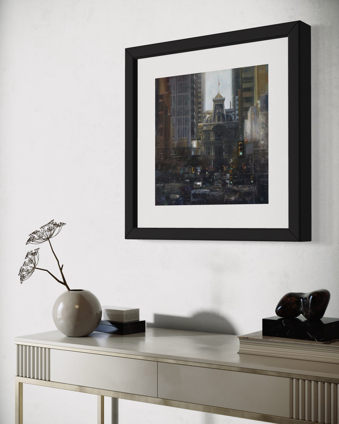 broad street center city downtown phildelphia landscape traffic street scene abstract realism grey muted tones in oil paint