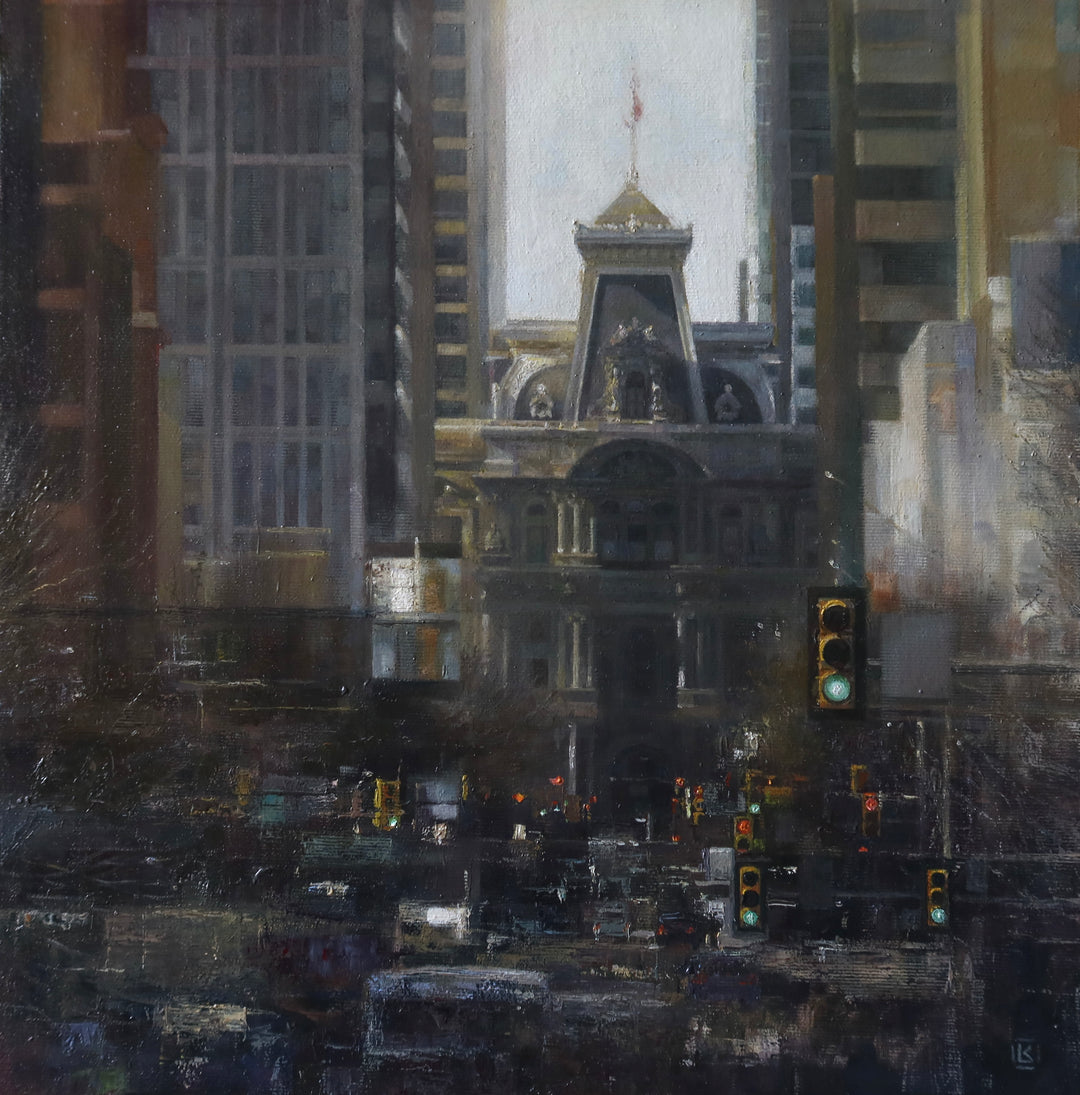 broad street center city downtown phildelphia landscape traffic street scene abstract realism grey muted tones in oil paint
