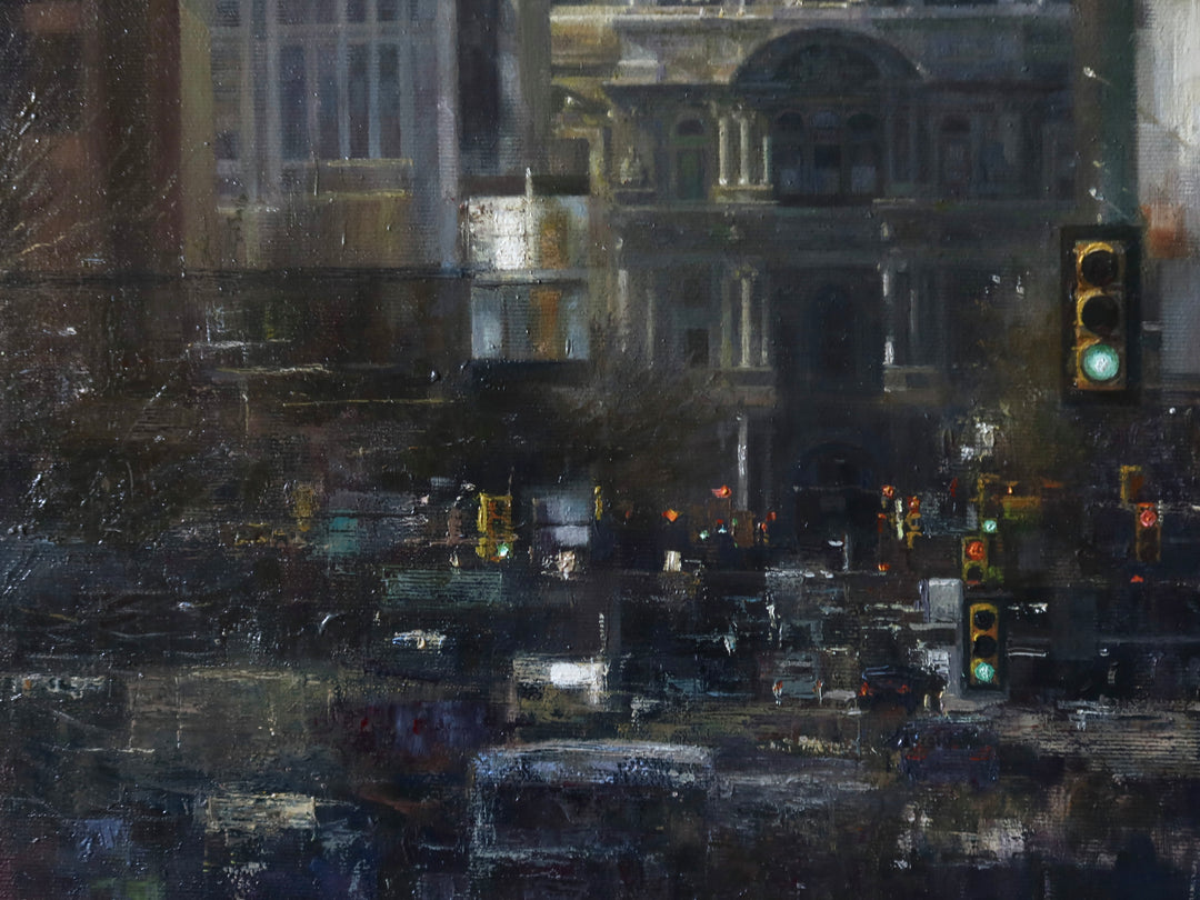 broad street center city downtown phildelphia landscape traffic street scene abstract realism grey muted tones in oil paint
