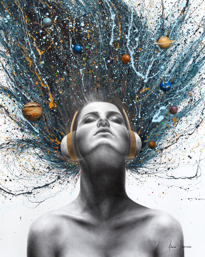 Woman figure looking upwards with eyes closed, wearing headphones with blue splattered hair behind her flying upwards with planets floating around on white background