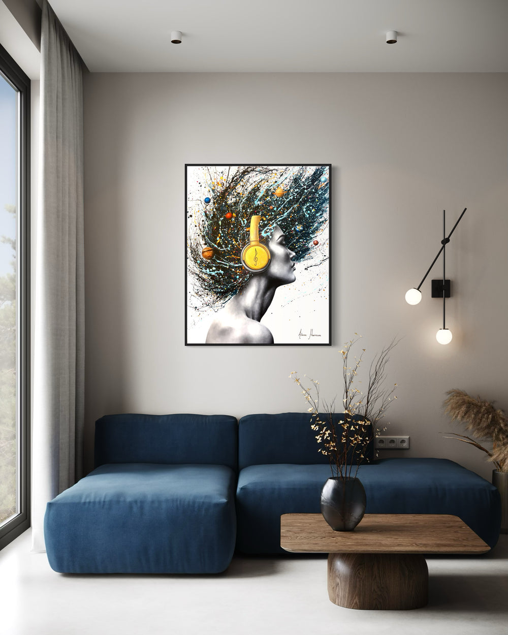 realistic woman flipping hair with headphones musical splatter expressionist painting portrait black and white planets blue on white background