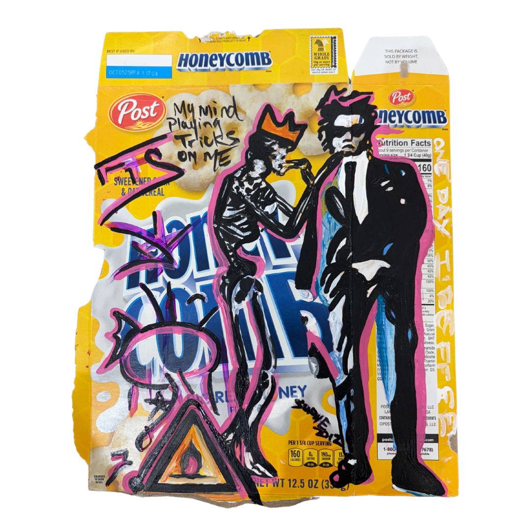 honeycomb cereal box with acrylic paint marker figure and skeleton with crown, text and pink outlining