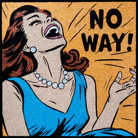 woman laughing cackling with head back, ginger red hair wearing blue dress and pearl jewelry on yellow background with text NO WAY! in black bold comic style