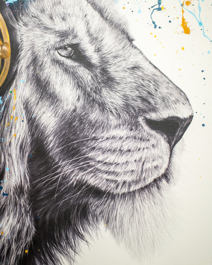 Lion profile looking right in black and white, wearing gold headphones with tree and sunset with paint splattered mane