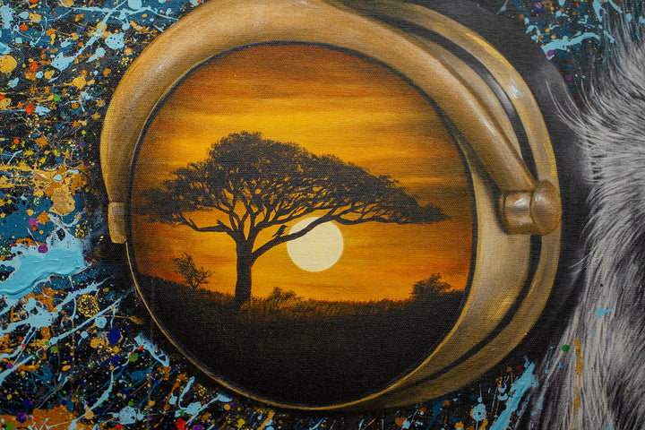 Lion profile looking right in black and white, wearing gold headphones with tree and sunset with paint splattered mane