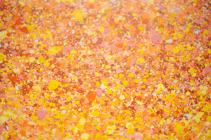 black and white realism ballerina figure posing with pink yellow red and orange paint splatter tutu on white background