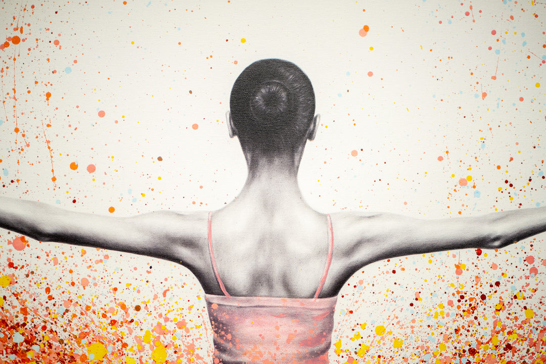 black and white realism ballerina figure posing with pink yellow red and orange paint splatter tutu on white background