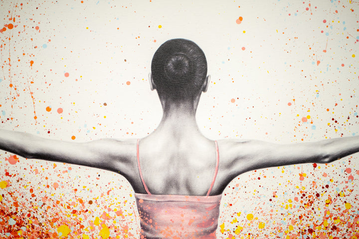 black and white realism ballerina figure posing with pink yellow red and orange paint splatter tutu on white background