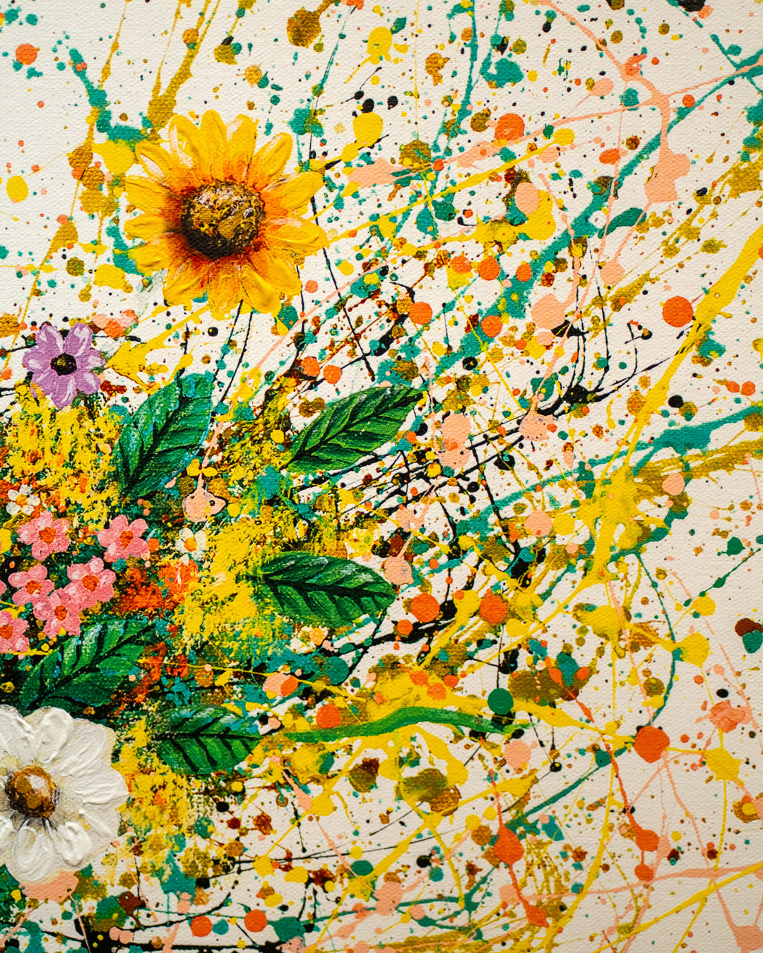 ballerina in black and white against white background with paint splatter tut in green with pink white and yellow flowers 