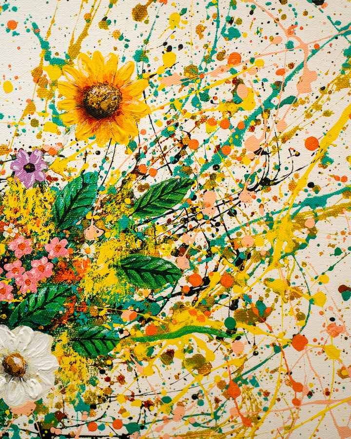ballerina in black and white against white background with paint splatter tut in green with pink white and yellow flowers 