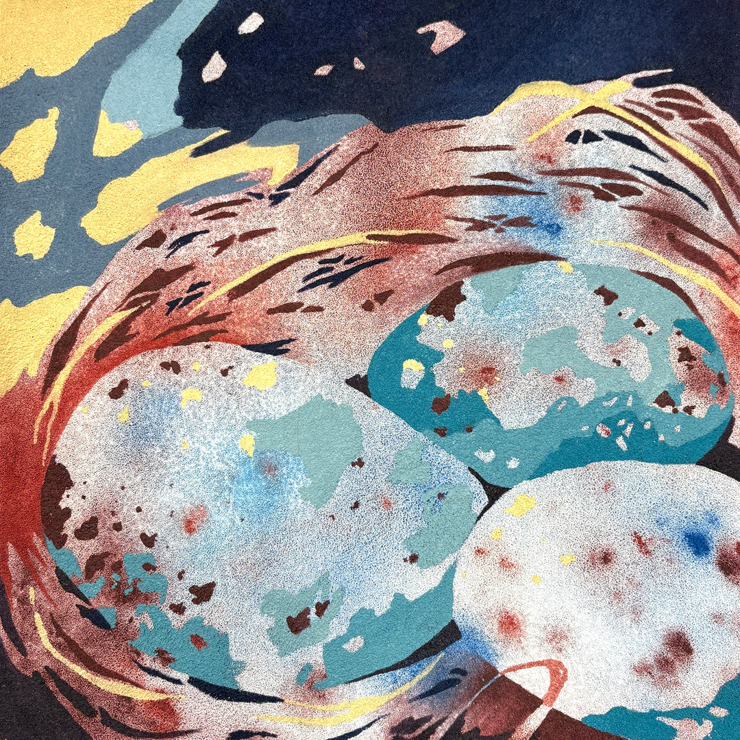 oil on pumice primed canvas abstract organic shapes gradient and opaque speckled eggs in blue and brown in twisted nest 