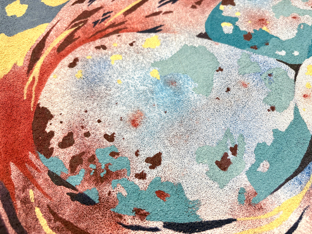 oil on pumice primed canvas abstract organic shapes gradient and opaque speckled eggs in blue and brown in twisted nest 
