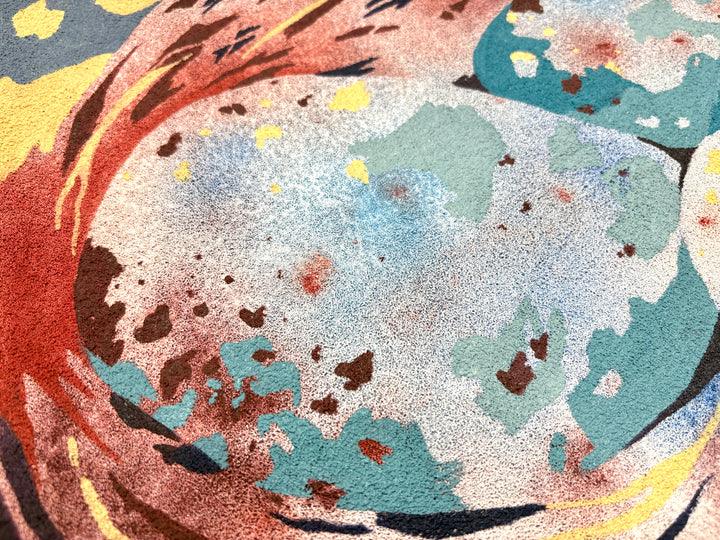 oil on pumice primed canvas abstract organic shapes gradient and opaque speckled eggs in blue and brown in twisted nest 
