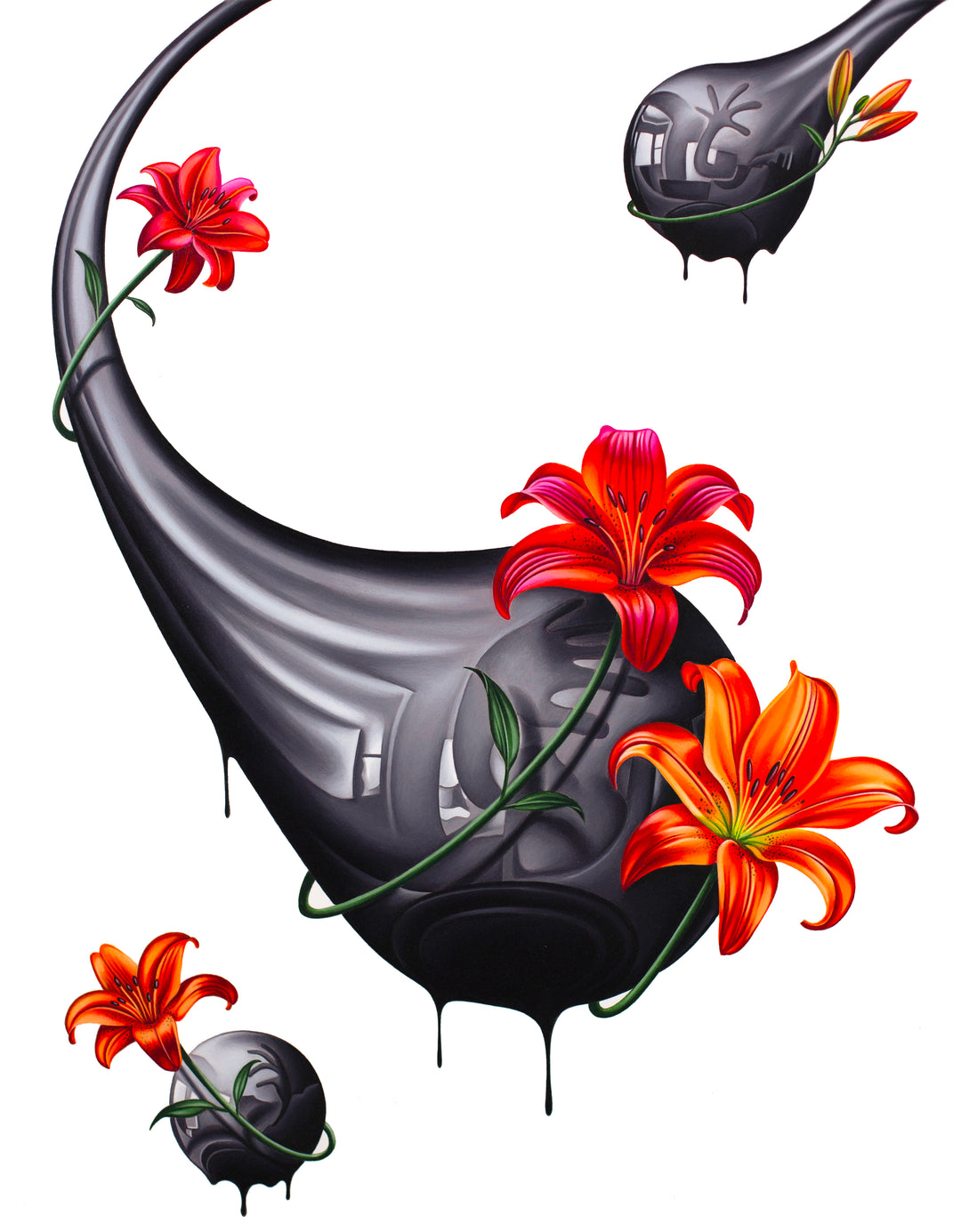 Hand drawn artwork done with pencil and marker, black, reflective drips made of an oil like substance, with red and orange lilies surrounding them, on a stark white background.