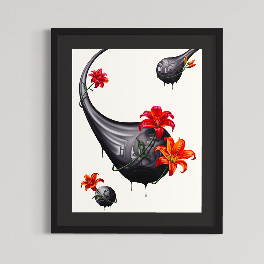 Hand drawn artwork done with pencil and marker, black, reflective drips made of an oil like substance, with red and orange lilies surrounding them, on a stark white background.