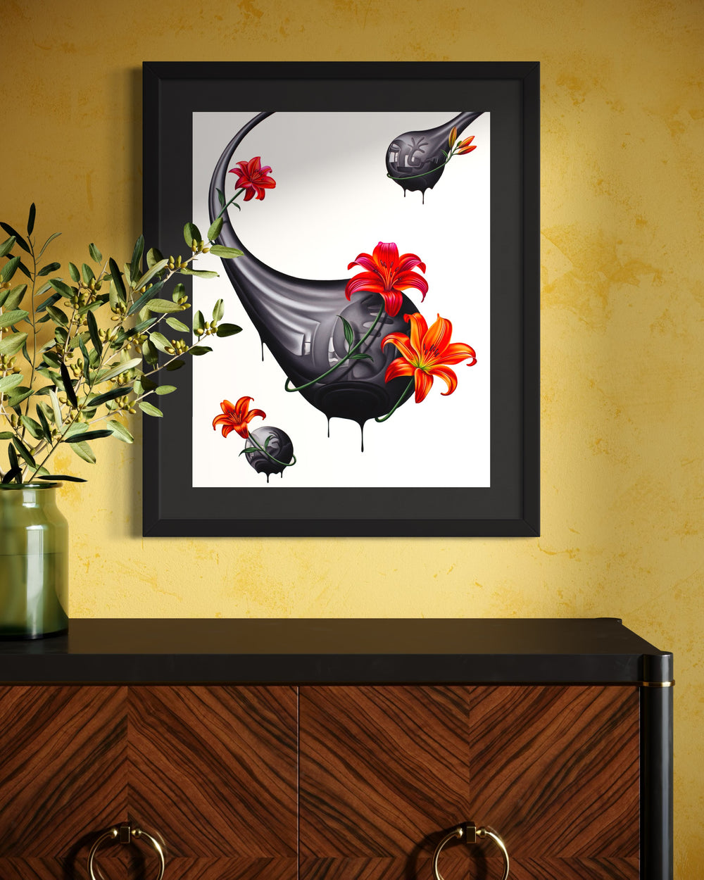 Hand drawn artwork done with pencil and marker, black, reflective drips made of an oil like substance, with red and orange lilies surrounding them, on a stark white background.