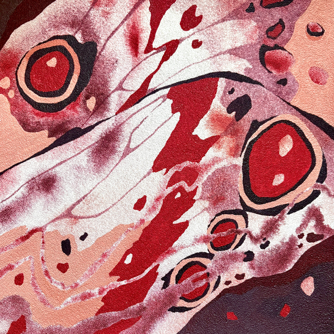 Nocturnal by Erin Touey – abstract oil painting on pumice-primed canvas with deep red circular forms and maroon and cream shapes outlined in black