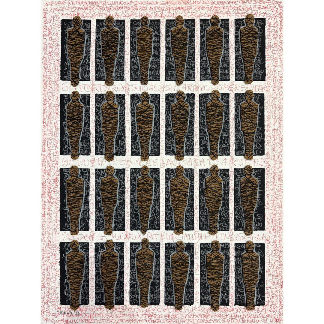 24 figures in grid form mixed media tied in string constraint black square boxes and red scribble writing names text around border on white background