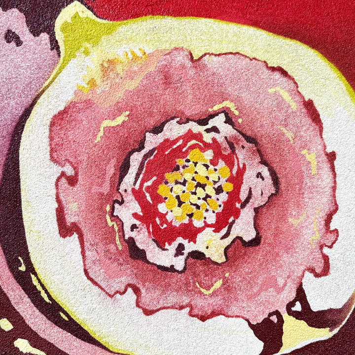 abstracted fruit with seeds cut in half in reds and purples organic line work and texture