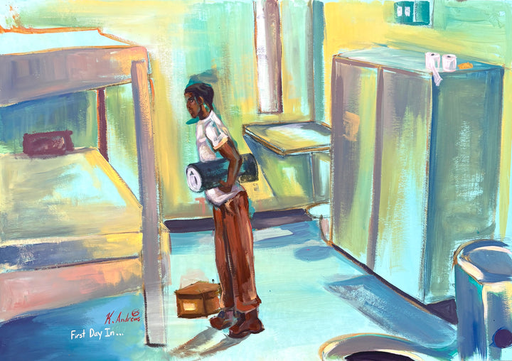 young black man showing up in prison cell on first day in bright yellow green and blue bed toilet closet