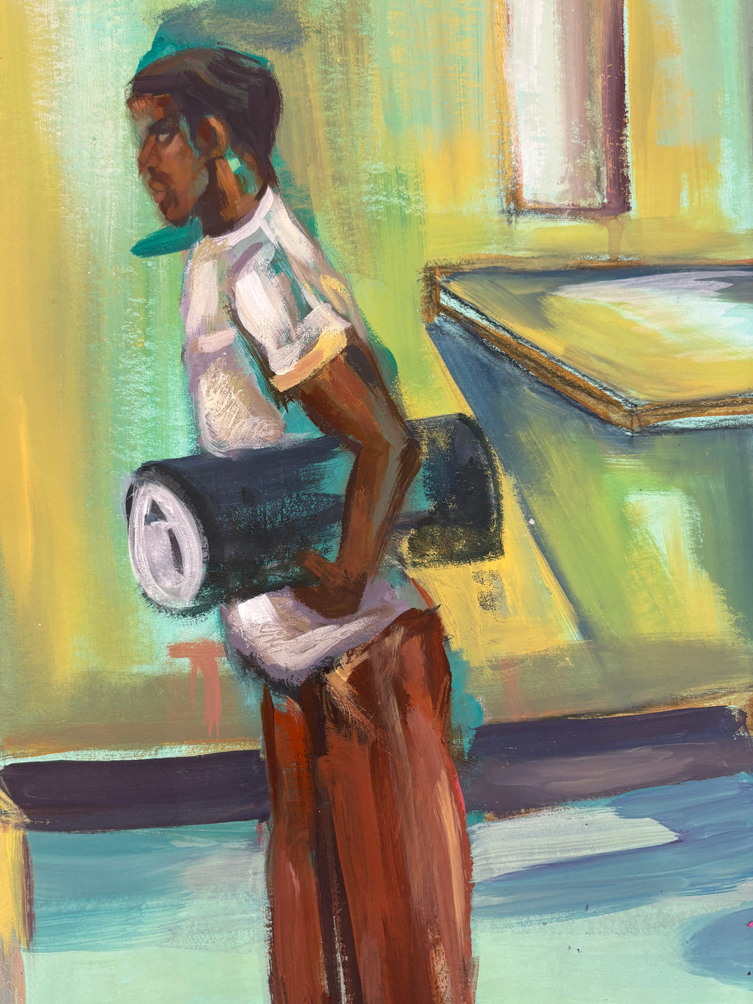 young black man showing up in prison cell on first day in bright yellow green and blue bed toilet closet