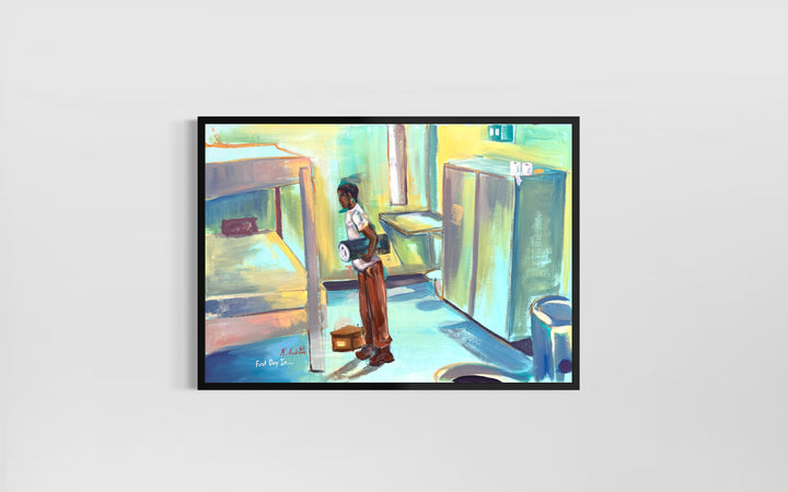 young black man showing up in prison cell on first day in bright yellow green and blue bed toilet closet