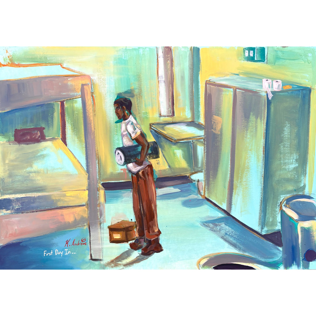 young black man showing up in prison cell on first day in bright yellow green and blue bed toilet closet