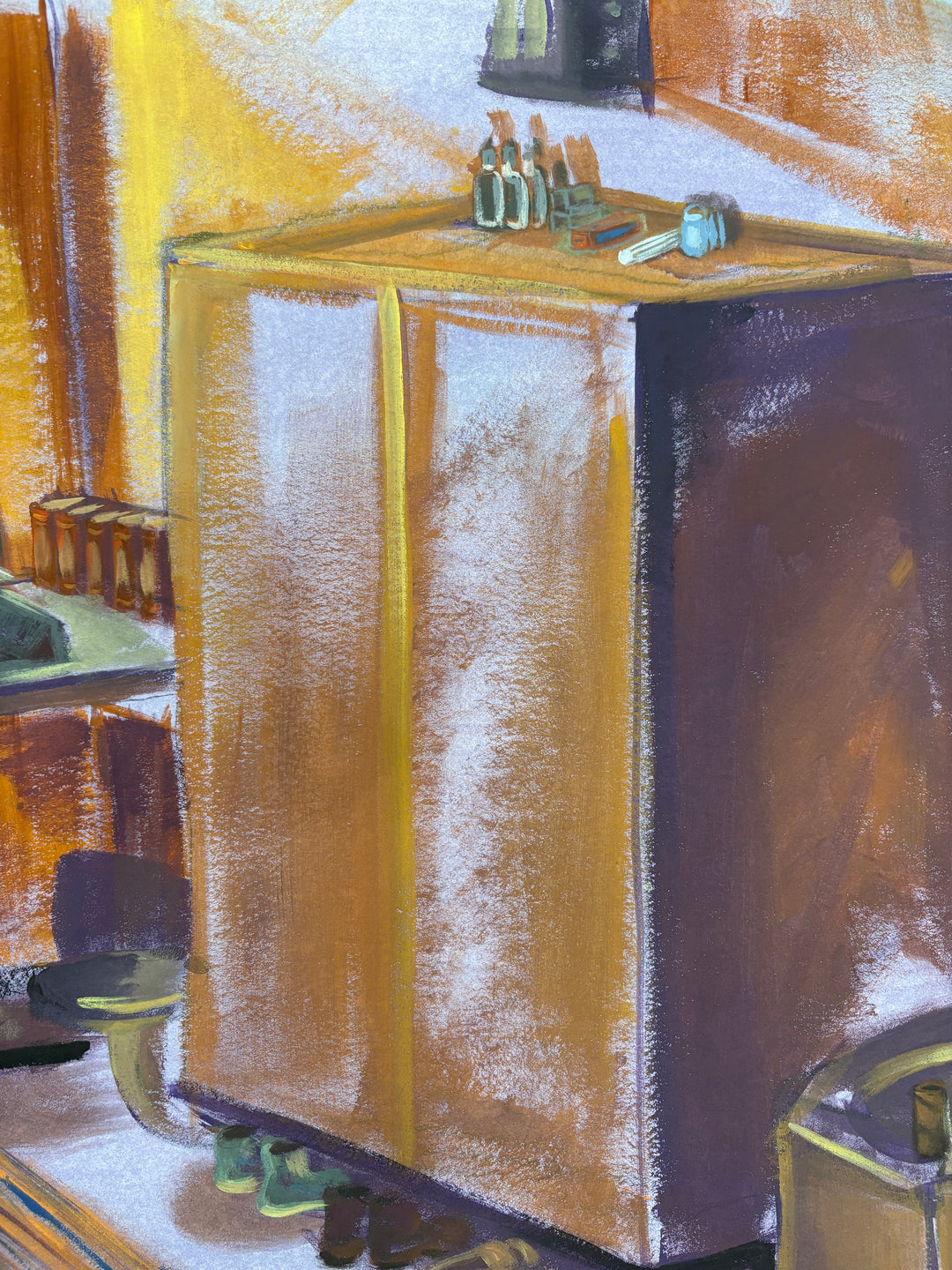 man standing alone in prison cell with bed dresser decor in orange and brown tones and purples 