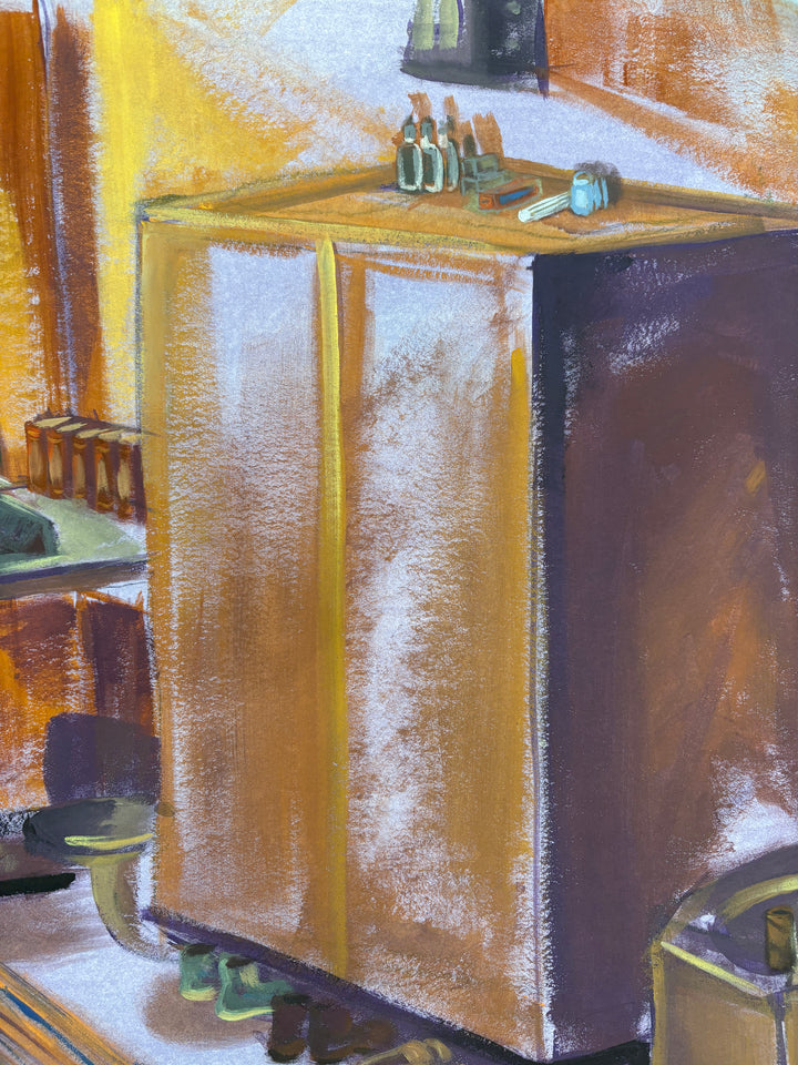 man standing alone in prison cell with bed dresser decor in orange and brown tones and purples 