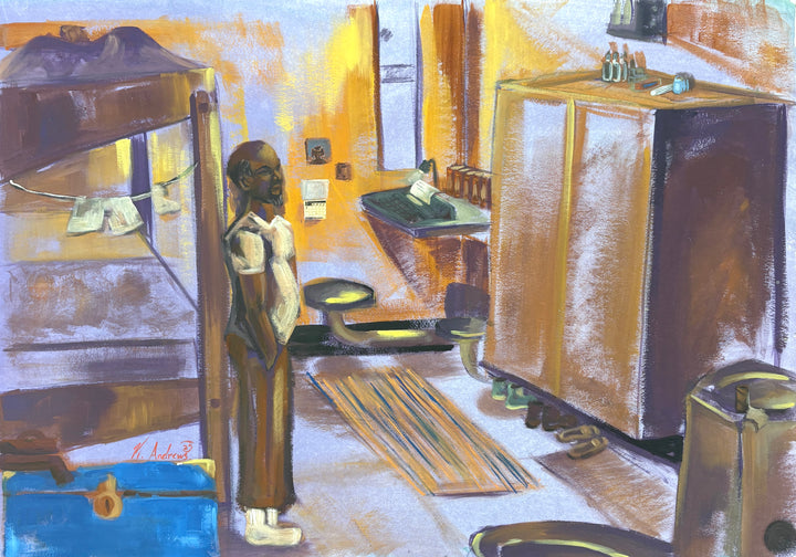 man standing alone in prison cell with bed dresser decor in orange and brown tones and purples 