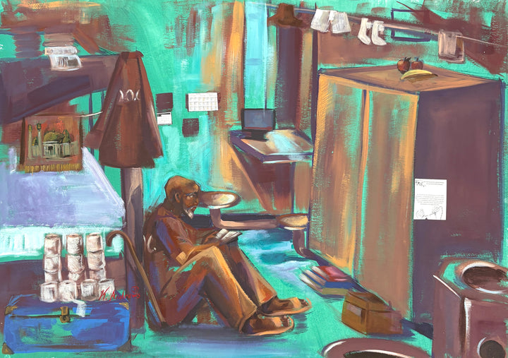 man sitting in prison cell with many belongings clothes toilet paper in blue an brown tones