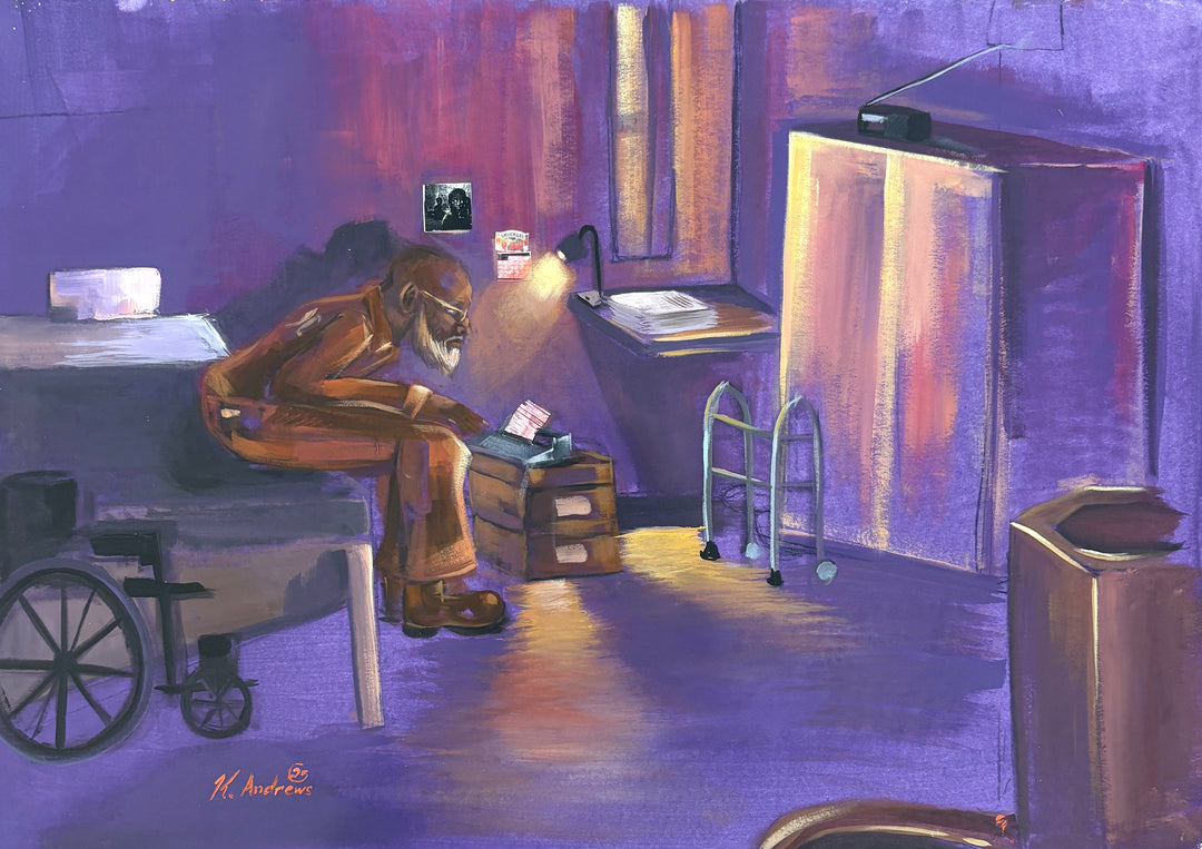 old man sitting in prison cell alone with walker and wheel car in brown and purple tones