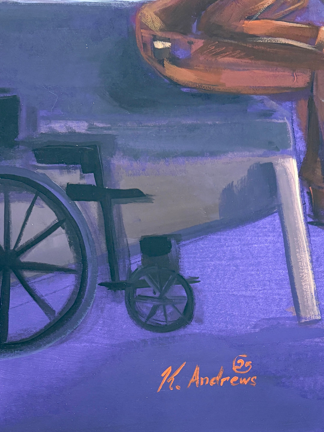 old man sitting in prison cell alone with walker and wheel car in brown and purple tones