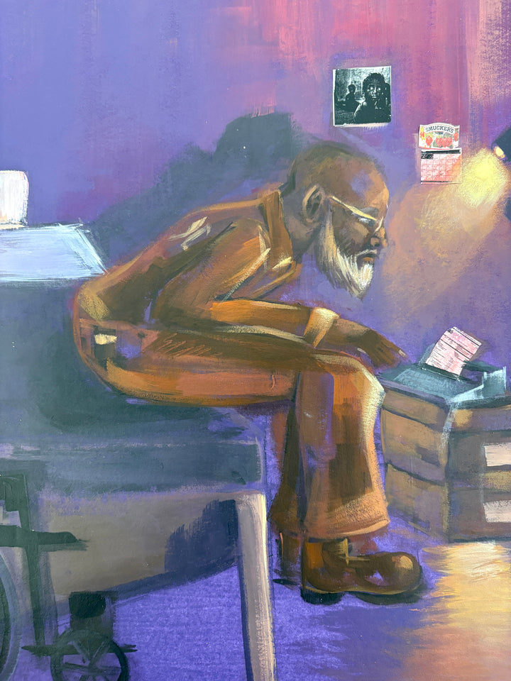 old man sitting in prison cell alone with walker and wheel car in brown and purple tones